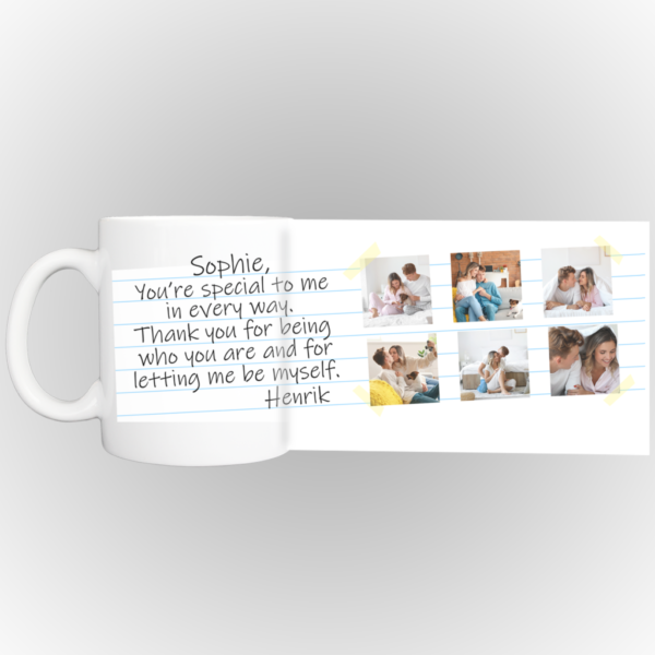 Custom mug with six photos and text.