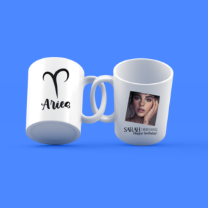 Personalized zodiac mug with picture and text aries