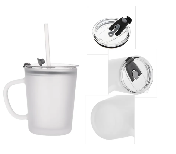 Frosted glass mug with plastic lid and straw